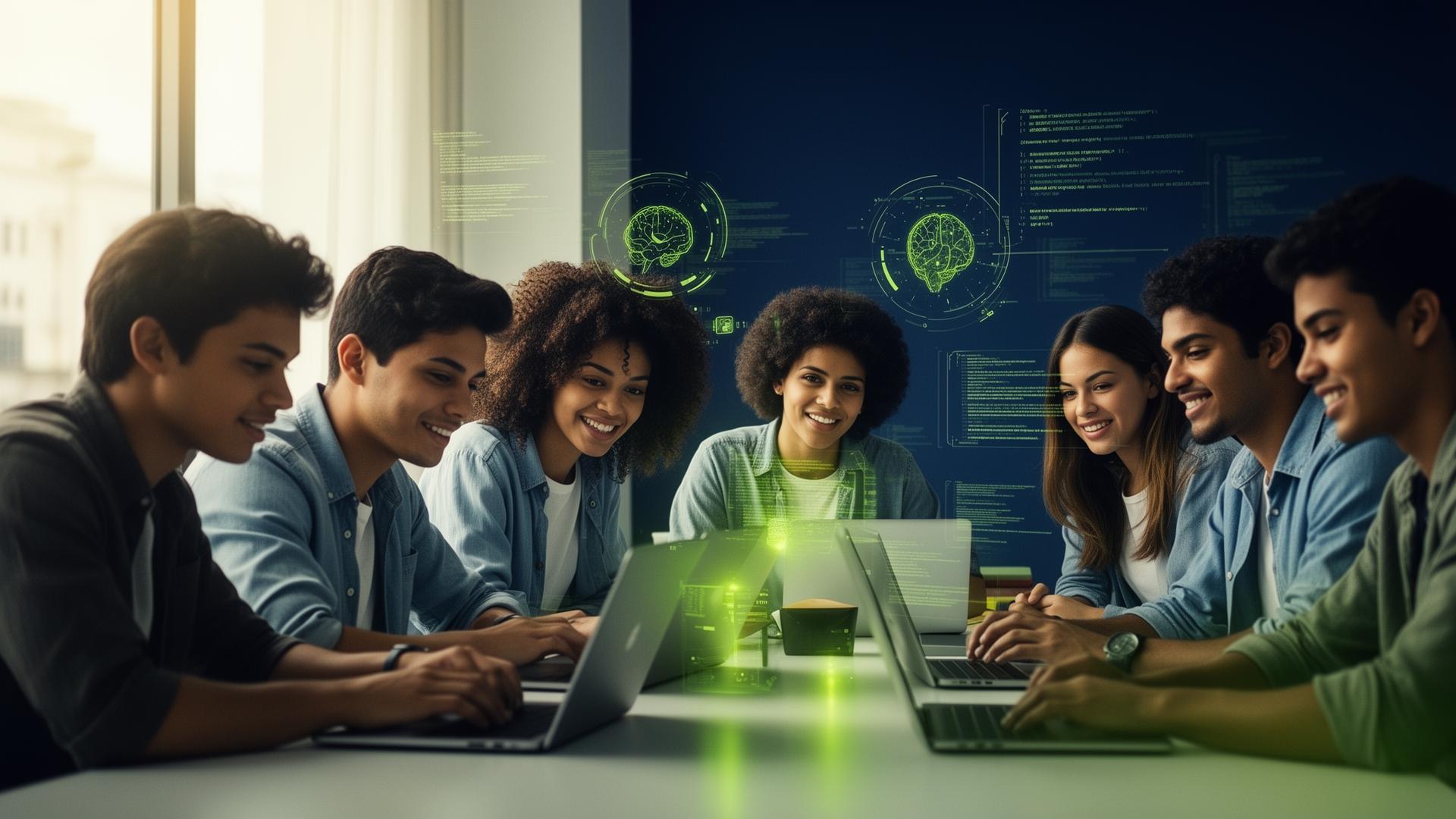 Jovens brasileiros aprendendo tecnologia e inteligência artificial em uma comunidade Tekoa